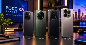 POCO X8 series smartphones shown in a premium technology workspace