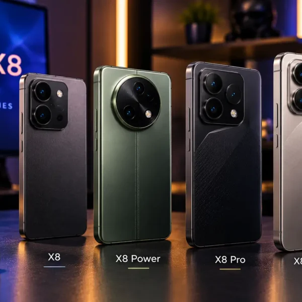 POCO X8 series smartphones shown in a premium technology workspace