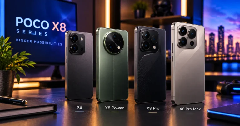 POCO X8 series smartphones shown in a premium technology workspace