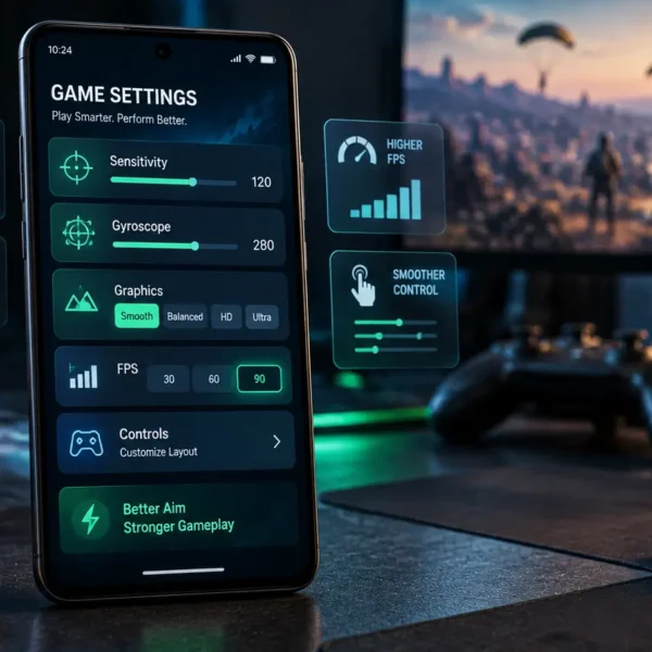 Gaming smartphone showing PUBG and BGMI-style sensitivity settings.