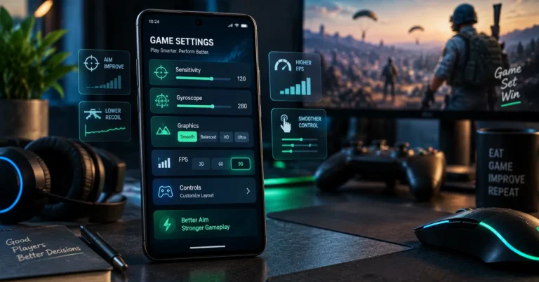 Gaming smartphone showing PUBG and BGMI-style sensitivity settings.