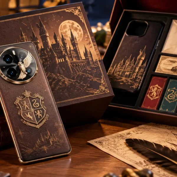 Limited-edition fantasy-themed smartphone with brown textured back and collector box