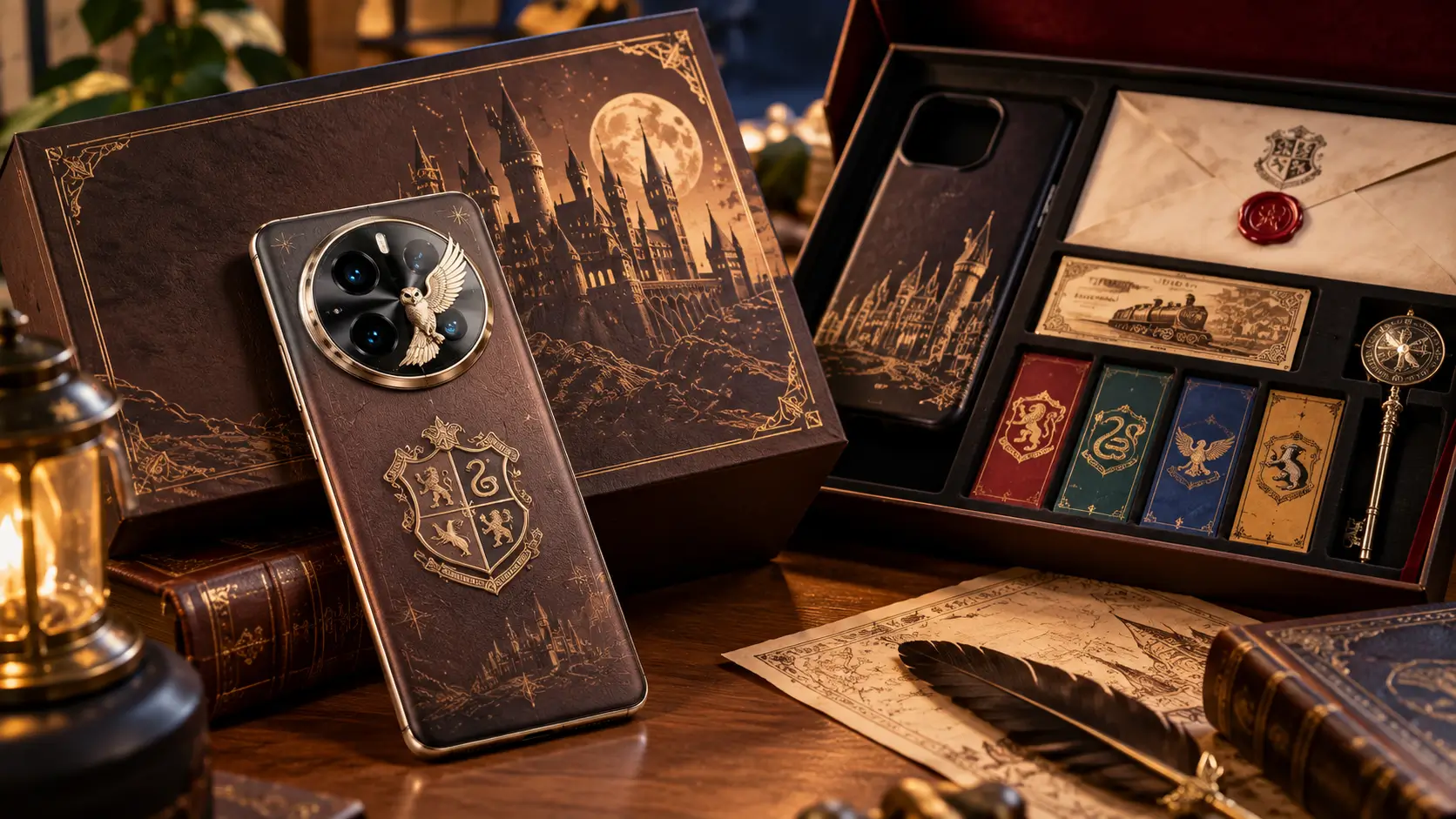 Limited-edition fantasy-themed smartphone with brown textured back and collector box