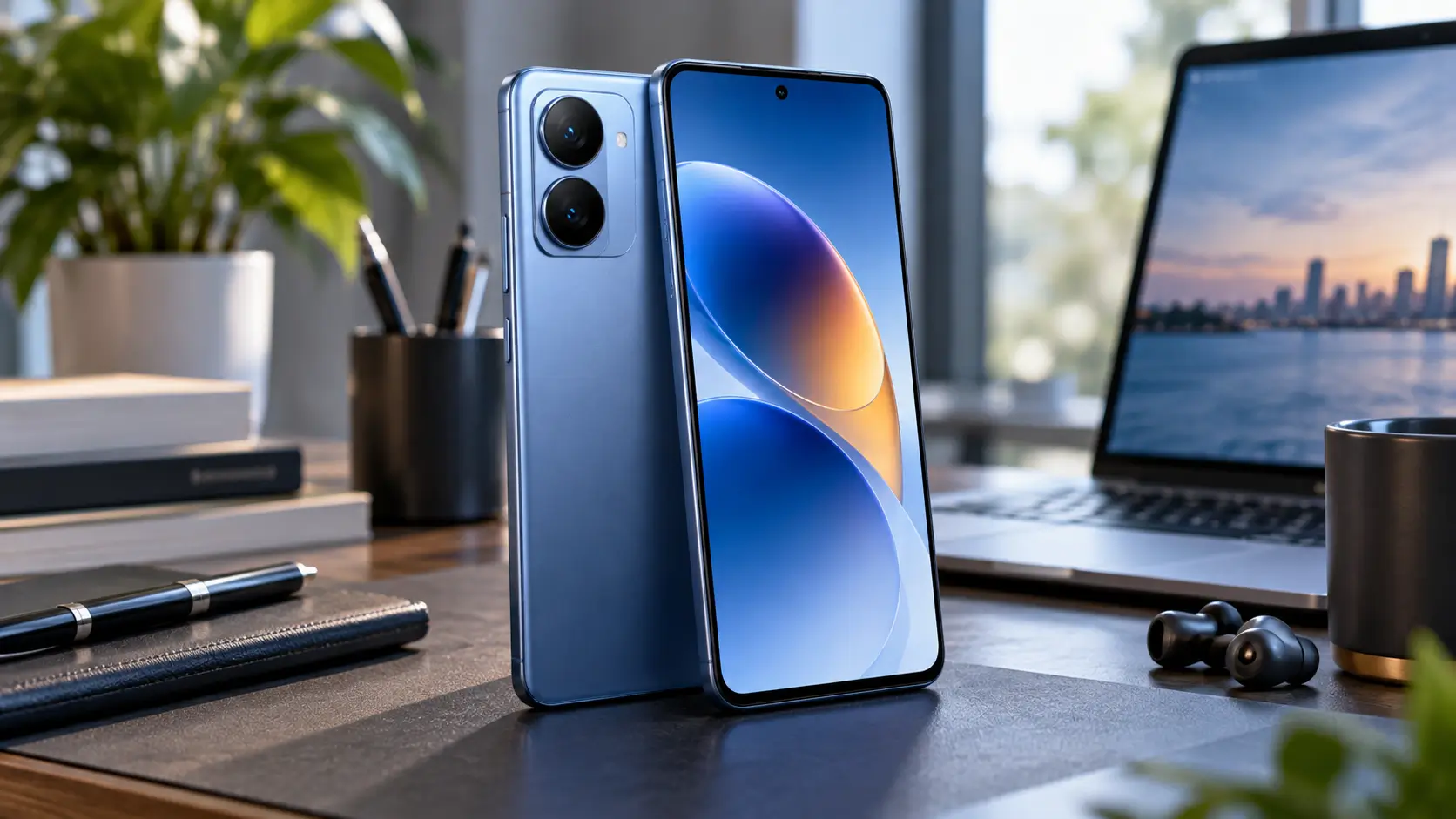 Redmi Note 17 Pro 5G-style smartphone displayed on a modern technology desk
