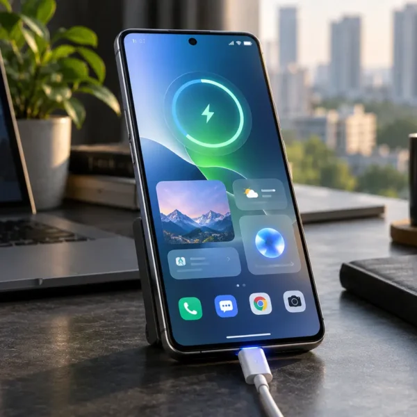 Premium smartphone representing the Redmi Note 17 Pro Max 5G on a modern technology workspace