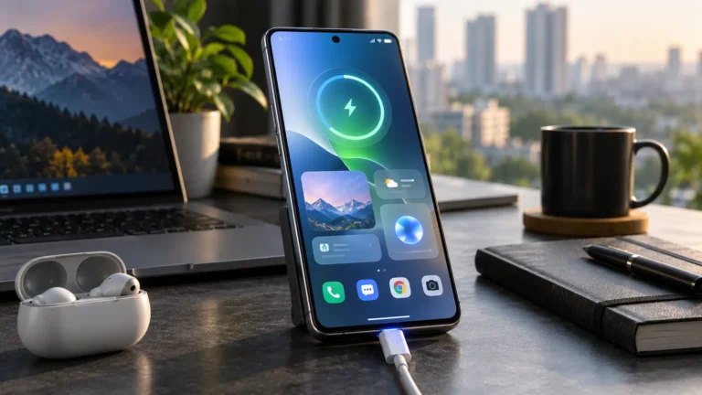 Premium smartphone representing the Redmi Note 17 Pro Max 5G on a modern technology workspace