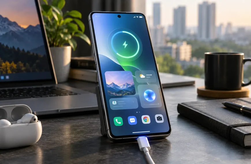 Premium smartphone representing the Redmi Note 17 Pro Max 5G on a modern technology workspace
