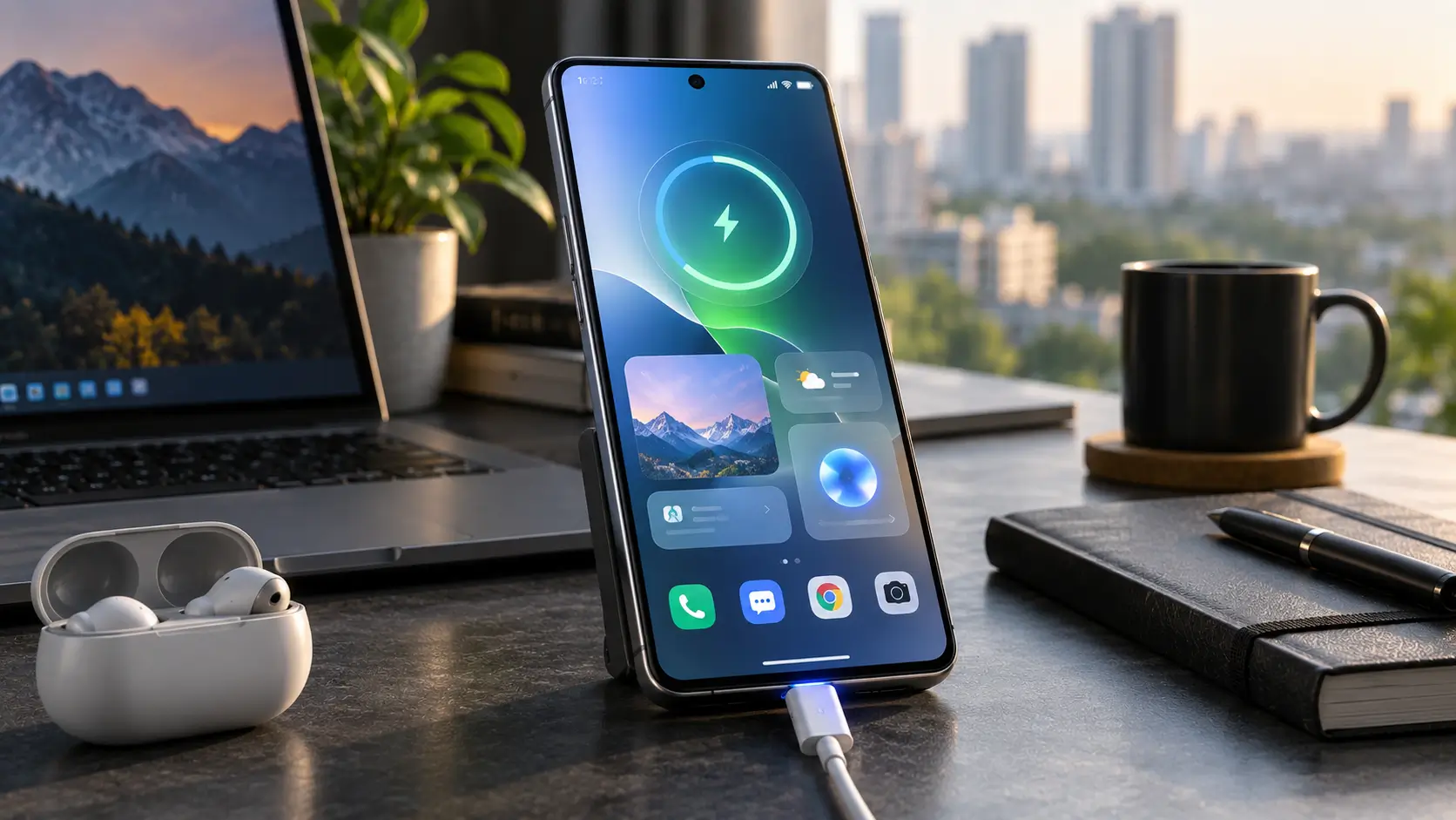 Premium smartphone representing the Redmi Note 17 Pro Max 5G on a modern technology workspace