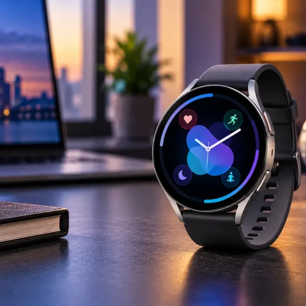 Premium Galaxy Watch9-style smartwatch on a modern technology desk