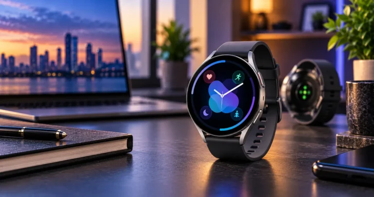 Premium Galaxy Watch9-style smartwatch on a modern technology desk