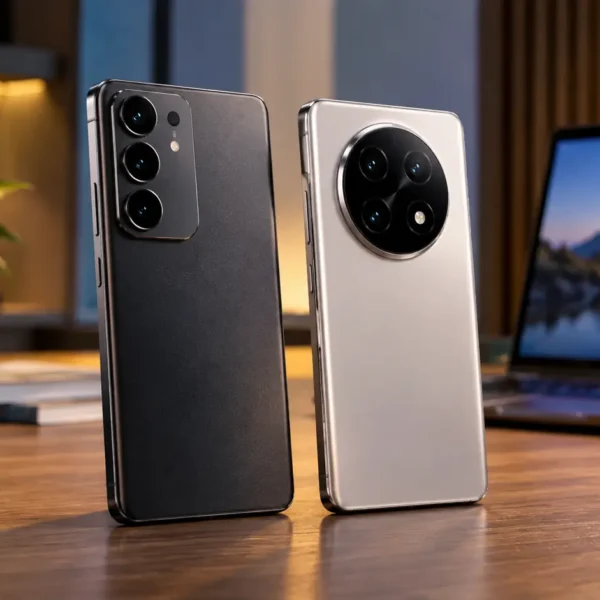 Two modern smartphones representing a Snapdragon and MediaTek processor comparison on a technology desk.