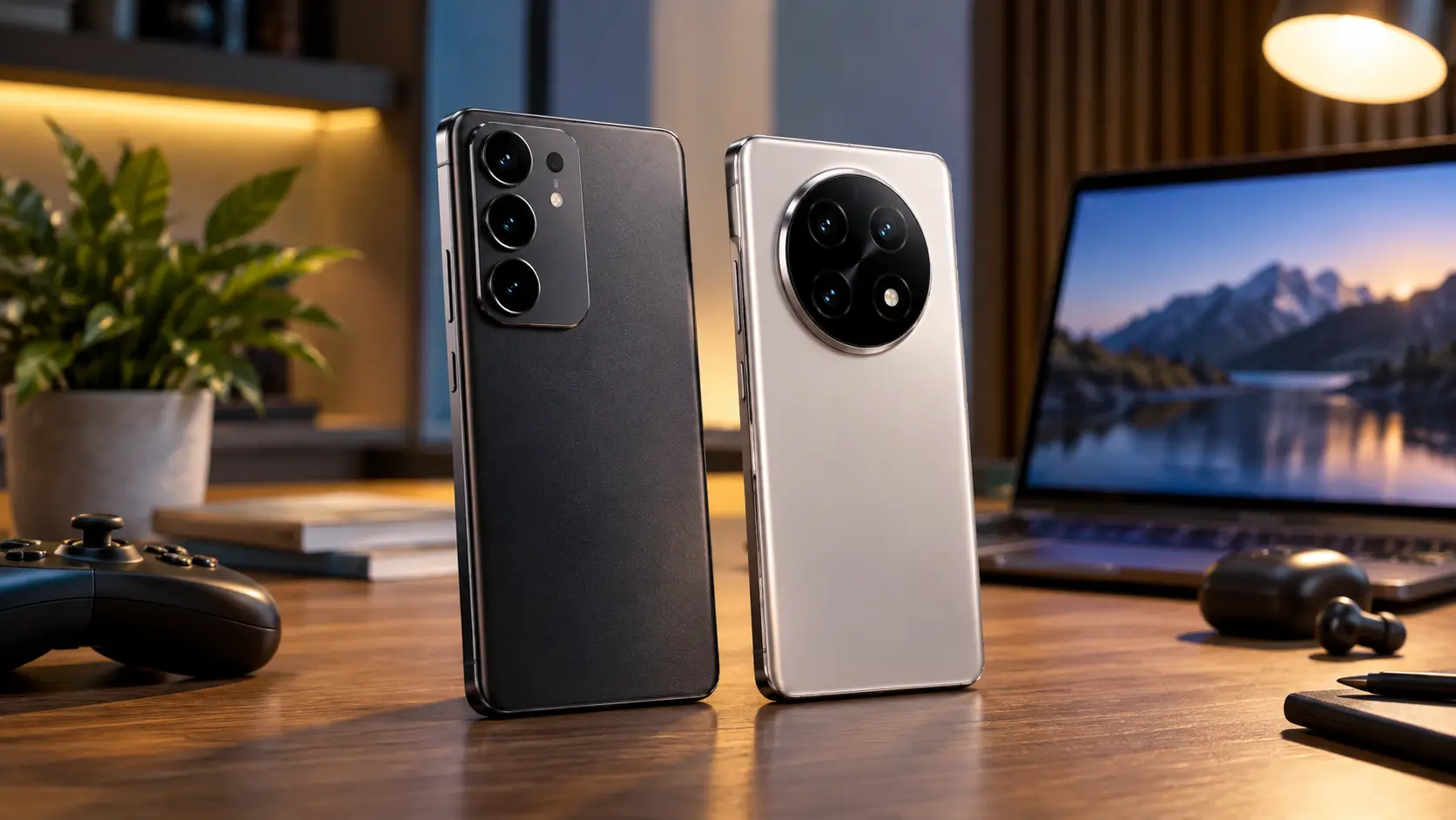 Two modern smartphones representing a Snapdragon and MediaTek processor comparison on a technology desk.