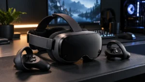 Valve Steam Frame wireless VR headset with controllers on a premium gaming desk