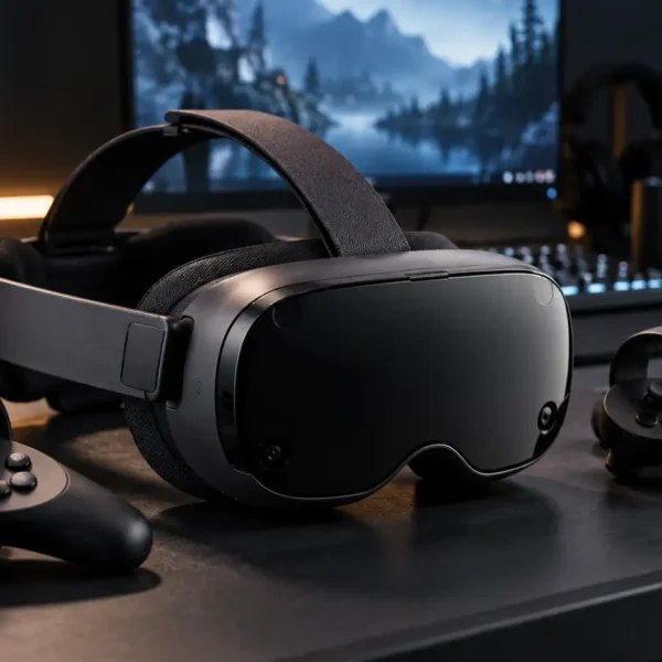 Valve Steam Frame wireless VR headset with controllers on a premium gaming desk