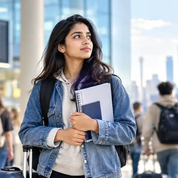 Indian student considering overseas education on a modern international university campus