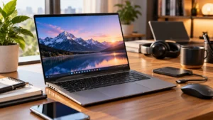 Modern laptop on a premium technology desk with accessories representing a laptop buying checklist.