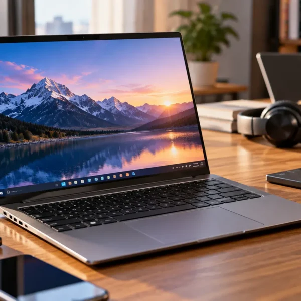 Modern laptop on a premium technology desk with accessories representing a laptop buying checklist.