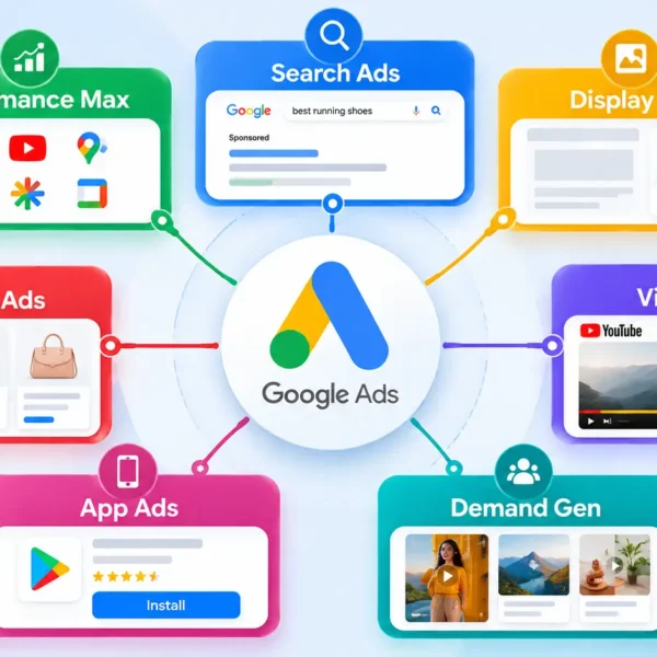 Types of Google Ads including Search Display Shopping Video Demand Gen App and Performance Max