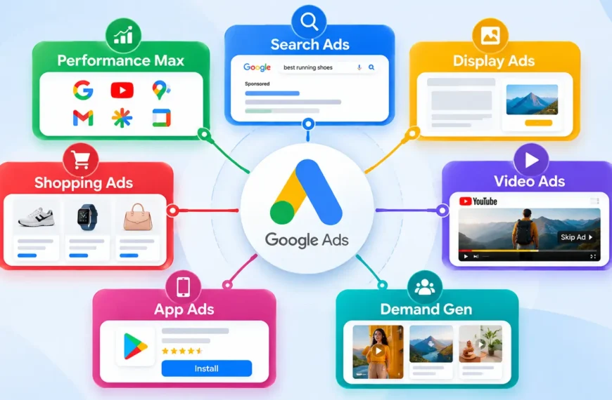 Types of Google Ads including Search Display Shopping Video Demand Gen App and Performance Max