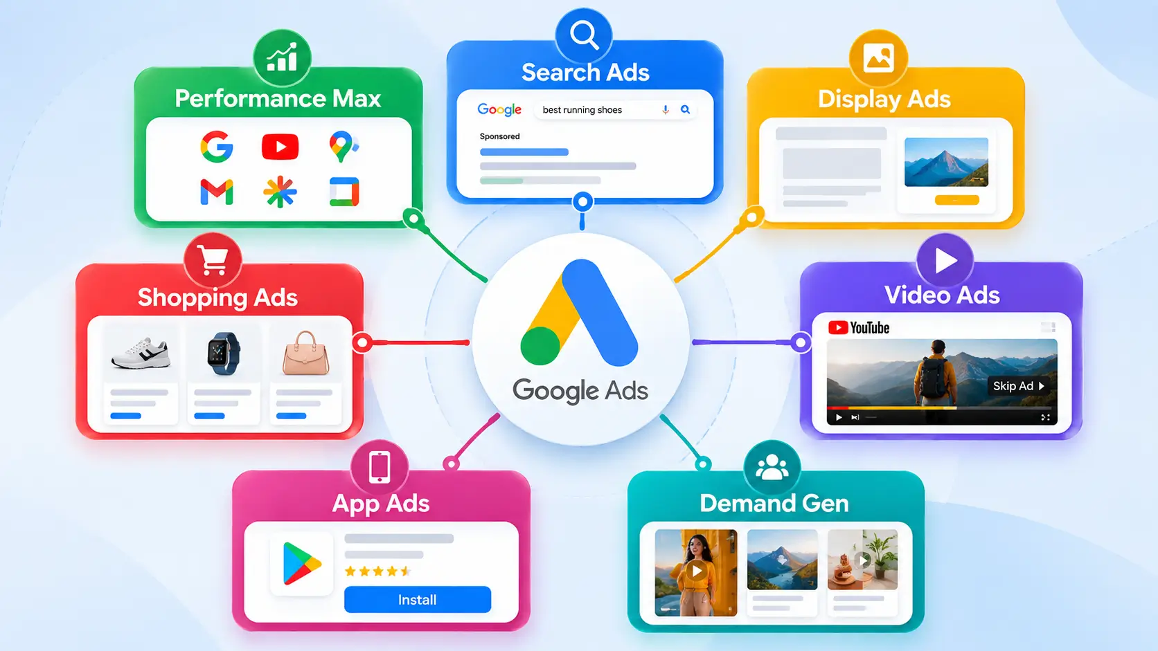 Types of Google Ads including Search Display Shopping Video Demand Gen App and Performance Max