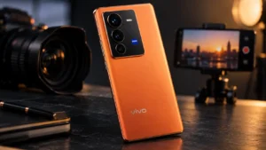 Vivo V80-style smartphone showing a triple rear camera setup and ZEISS camera branding in an editorial technology scene.
