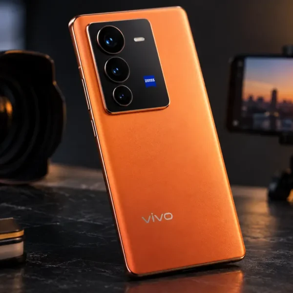 Vivo V80-style smartphone showing a triple rear camera setup and ZEISS camera branding in an editorial technology scene.