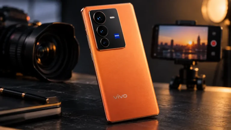 Vivo V80-style smartphone showing a triple rear camera setup and ZEISS camera branding in an editorial technology scene.