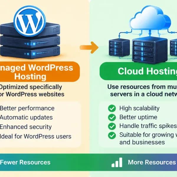 Comparison of shared hosting, managed WordPress hosting, cloud hosting and VPS hosting