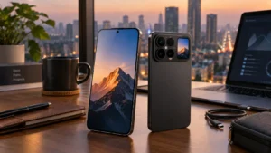 Illustrative Xiaomi 18 Pro Max-style flagship smartphone with a large display and rear-screen concept on a modern workspace.