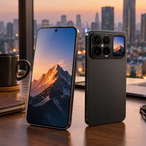 Illustrative Xiaomi 18 Pro Max-style flagship smartphone with a large display and rear-screen concept on a modern workspace.