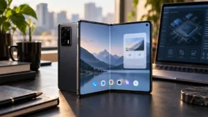 Xiaomi 18 Fold-style wide foldable smartphone shown partially unfolded on a modern technology desk