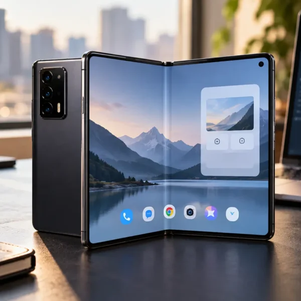 Xiaomi 18 Fold-style wide foldable smartphone shown partially unfolded on a modern technology desk