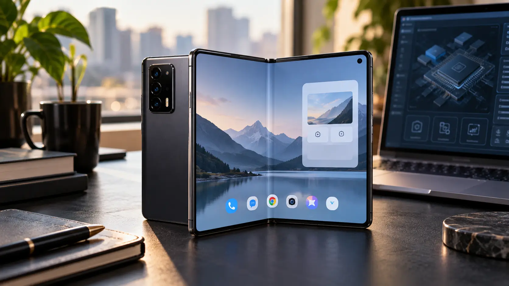Xiaomi 18 Fold-style wide foldable smartphone shown partially unfolded on a modern technology desk