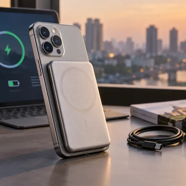 Ultra-thin magnetic smartphone power bank attached to a modern phone on a technology desk