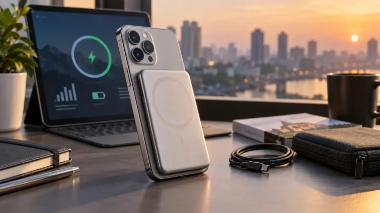 Ultra-thin magnetic smartphone power bank attached to a modern phone on a technology desk