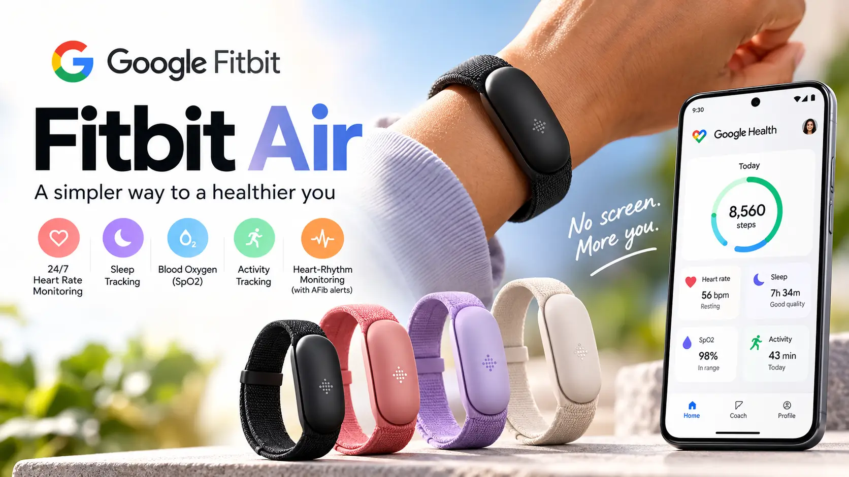 Google Fitbit Air screenless fitness tracker with its minimal wristband design.