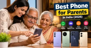 Indian daughter helping her elderly parents choose a smartphone.