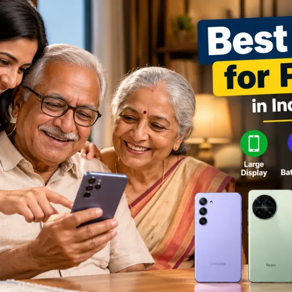 Indian daughter helping her elderly parents choose a smartphone.