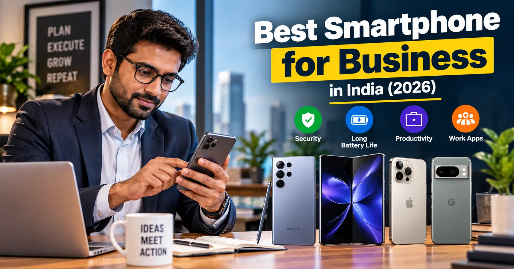 Indian professional using a smartphone while working at an office desk