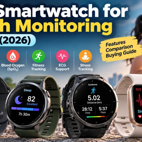 Smartwatch displaying heart-rate and health-tracking information.