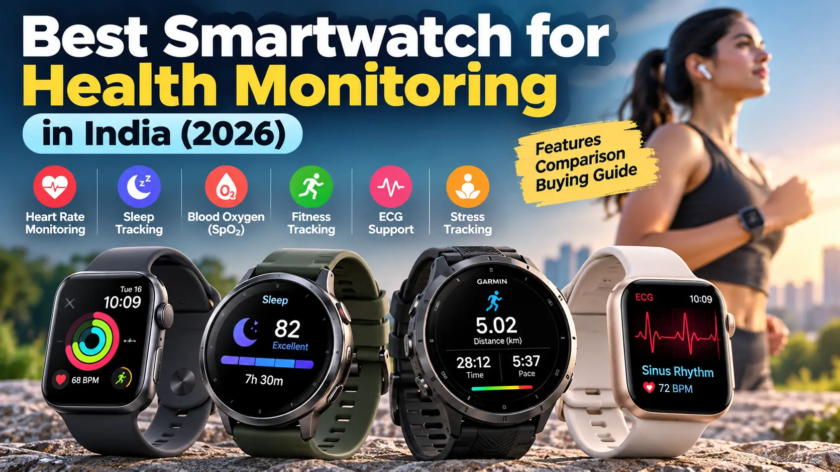 Smartwatch displaying heart-rate and health-tracking information.