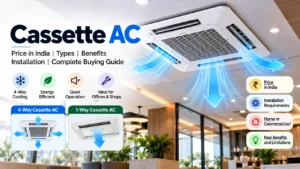 Ceiling mounted four way cassette AC installed in a modern commercial interior