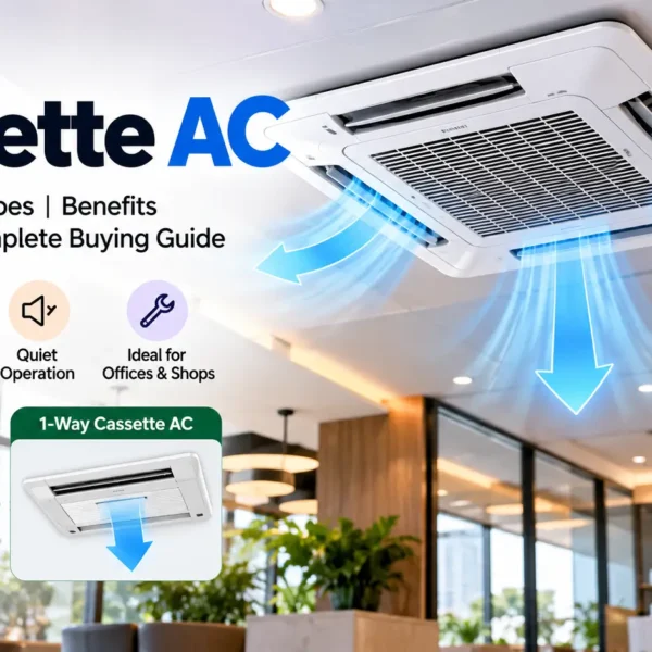 Ceiling mounted four way cassette AC installed in a modern commercial interior