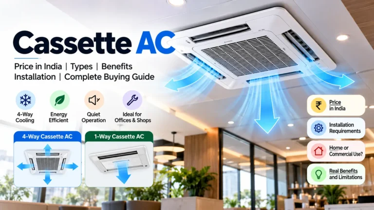 Ceiling mounted four way cassette AC installed in a modern commercial interior