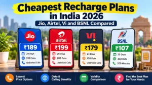 Cheapest mobile recharge plans in India compared for Jio Airtel Vi and BSNL