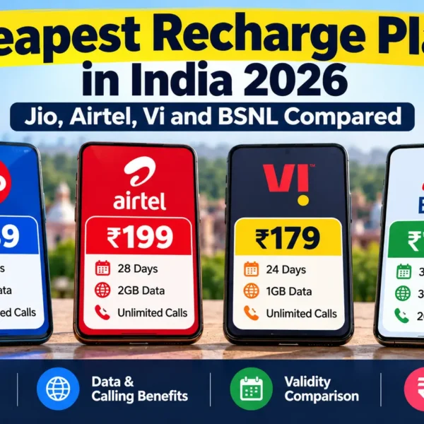 Cheapest mobile recharge plans in India compared for Jio Airtel Vi and BSNL