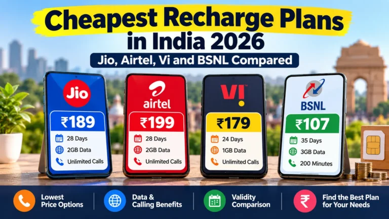Cheapest mobile recharge plans in India compared for Jio Airtel Vi and BSNL