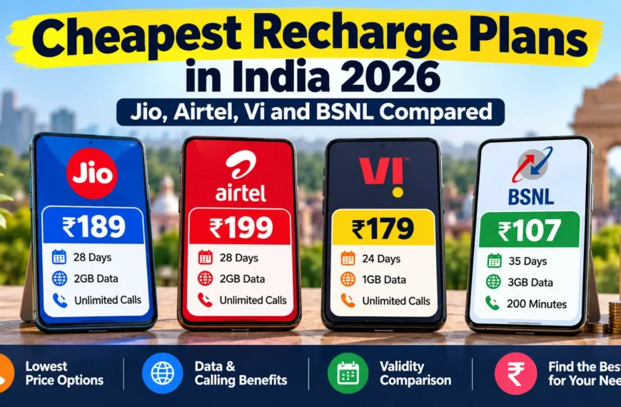 Cheapest mobile recharge plans in India compared for Jio Airtel Vi and BSNL