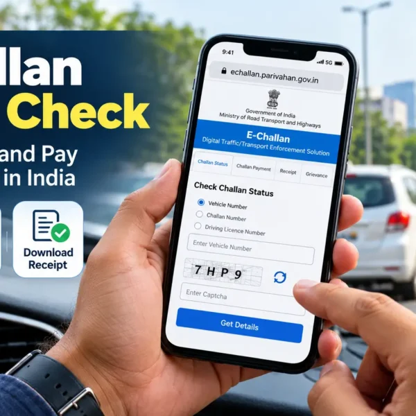 Checking e-Challan status online in India using a smartphone.