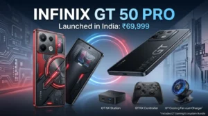 Infinix GT 50 Pro in Mecha Red showcasing rear Cyber Mecha design, RGB lighting, and camera module.